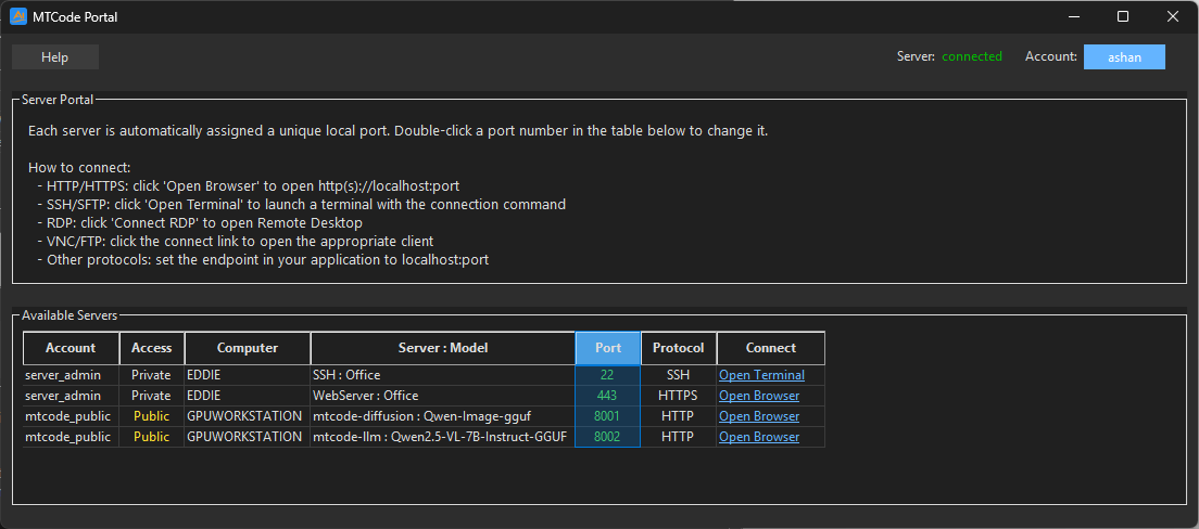 MTCode Portal main window showing account status and available servers