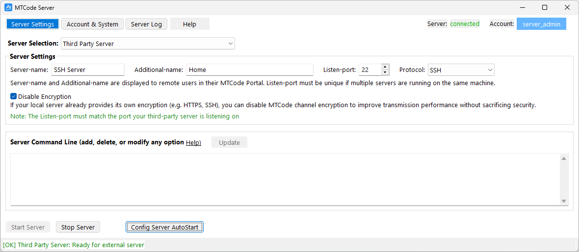 MTCode Server configured to forward local SSH server on port 22 with encryption disabled