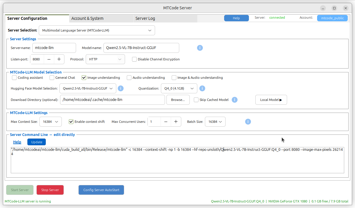 MTCode Server language model category and Hugging Face model selection interface