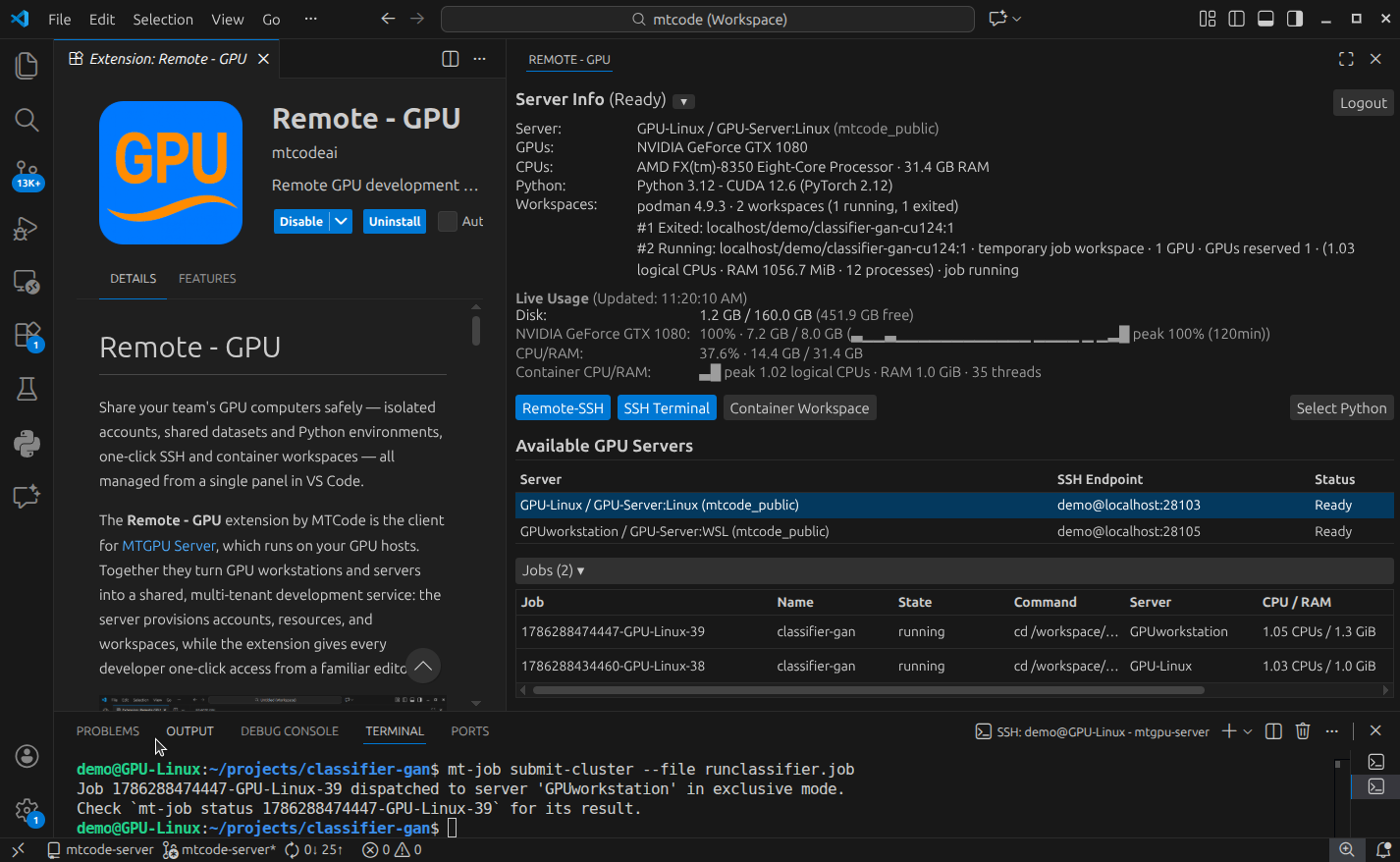 Remote-GPU panel showing available GPU servers and live usage